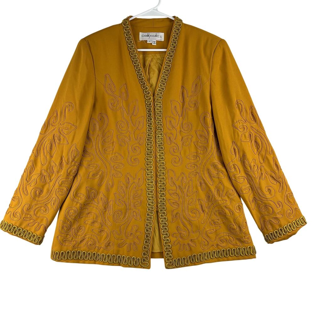 Vintage Donna Vinci Suit Jacket Women's 14 Yellow Couture Embroidered Hook Eye